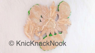 Green, Beige And Off White Embroidered Flower Applique Patch With Diamante Crytals And Gold Matt Beads, 3D Floral Applique